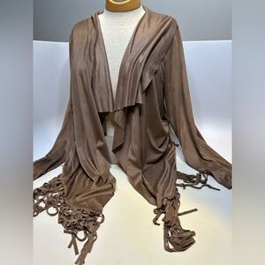 Avenue Brown Draped Fringe Open Cardigan